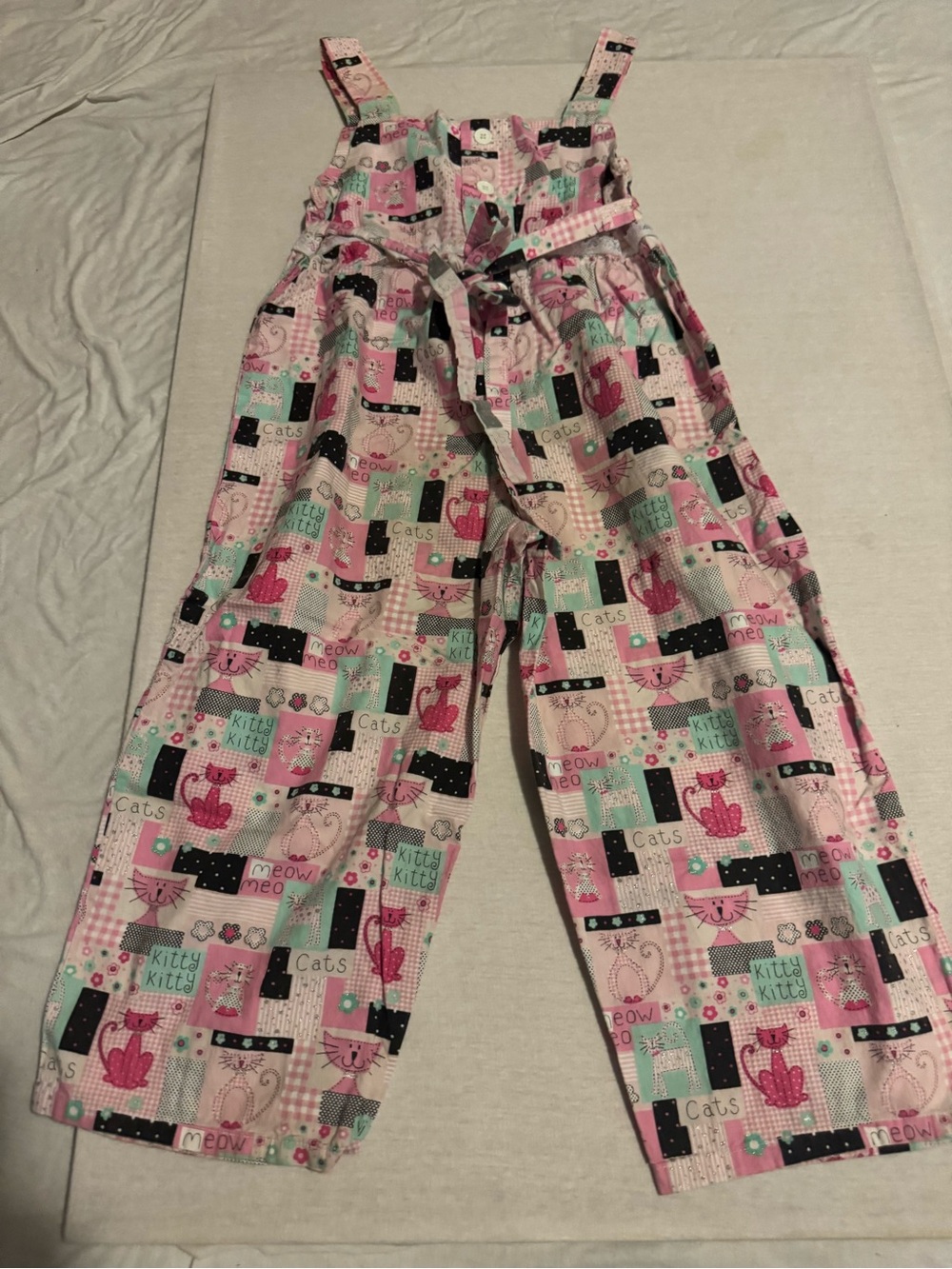 Girls Pink & Mint Cat Patchwork Jumpsuit